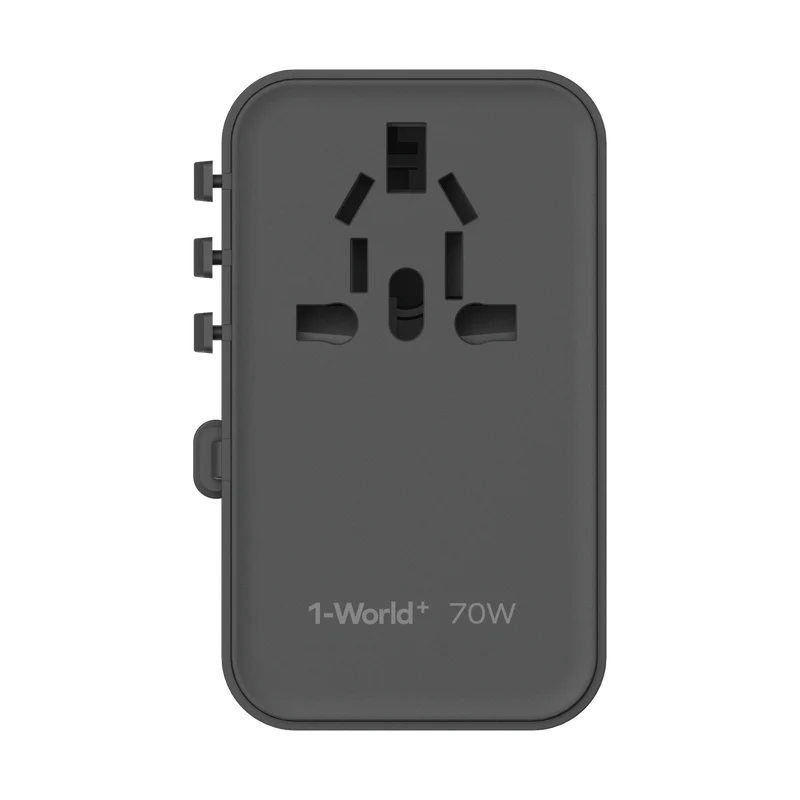 1-World+ 70W GaN 3-Port w /Built-in USB-C Cable + AC Travel Adaptor