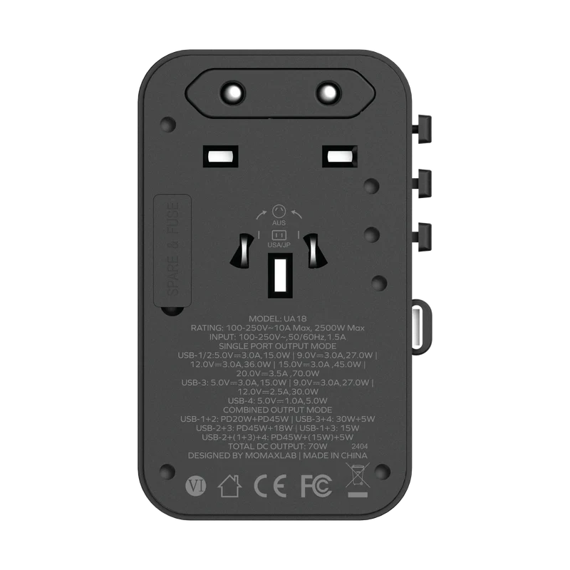 1-World+ 70W GaN 3-Port w /Built-in USB-C Cable + AC Travel Adaptor