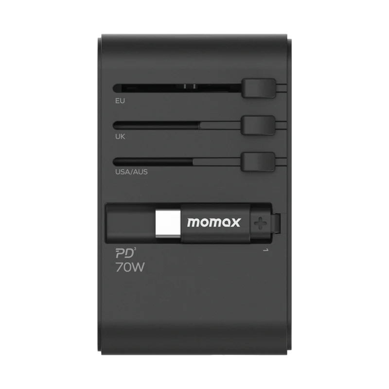 1-World+ 70W GaN 3-Port w /Built-in USB-C Cable + AC Travel Adaptor