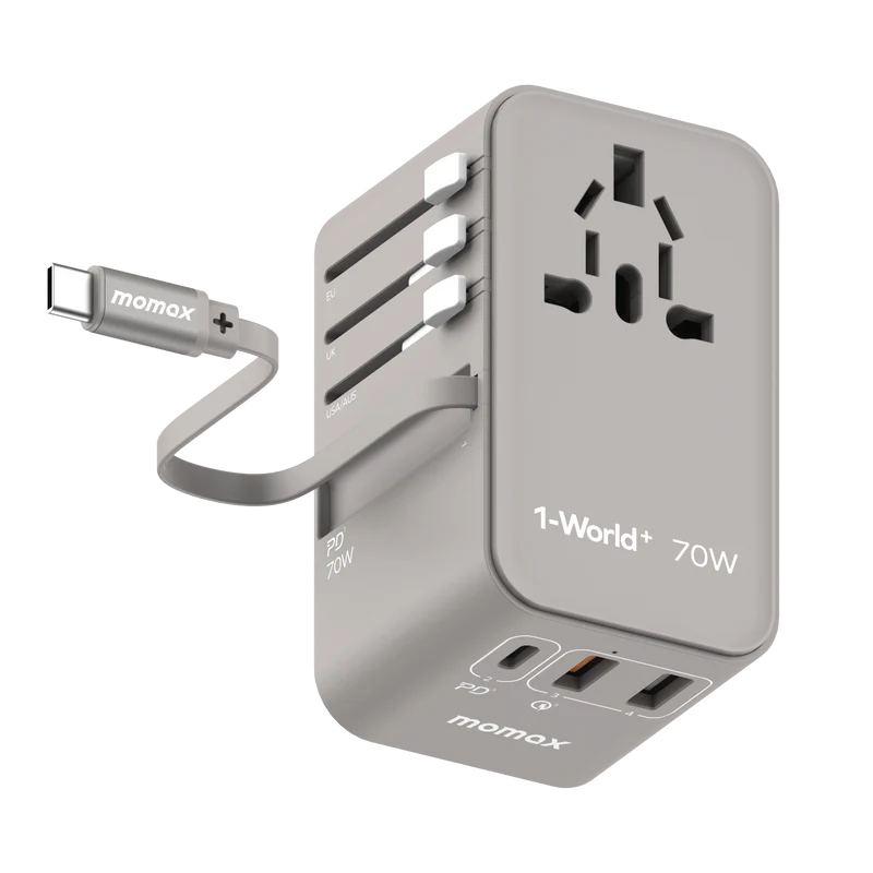 1-World+ 70W GaN 3-Port w /Built-in USB-C Cable + AC Travel Adaptor