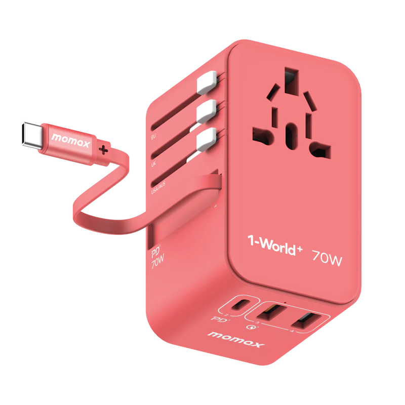 1-World+ 70W GaN 3-Port w /Built-in USB-C Cable + AC Travel Adaptor