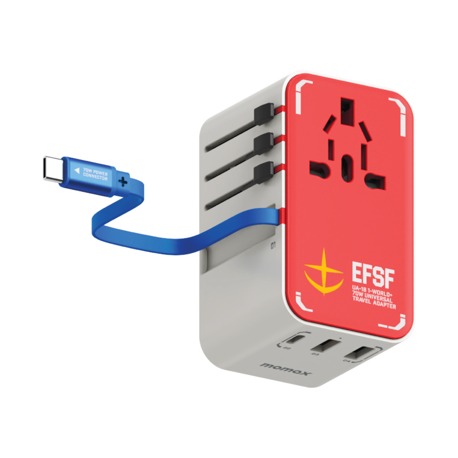 1-World+ 3-Port Travel GaN Charger With Built-in USB-C Cable 70W - Limited Edition