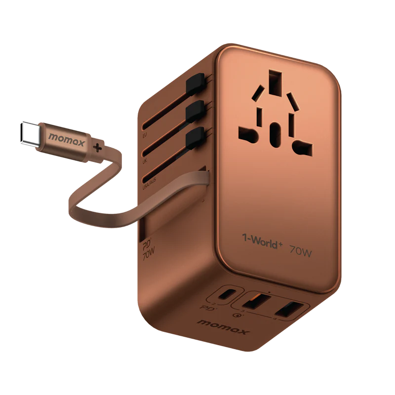 1-World+ 70W GaN 3-Port w /Built-in USB-C Cable + AC Travel Adaptor