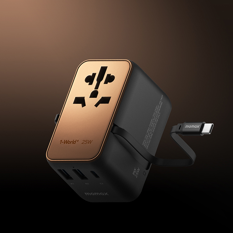 1-World+ 70W GaN 3-Port w /Built-in USB-C Cable + AC Travel Adaptor