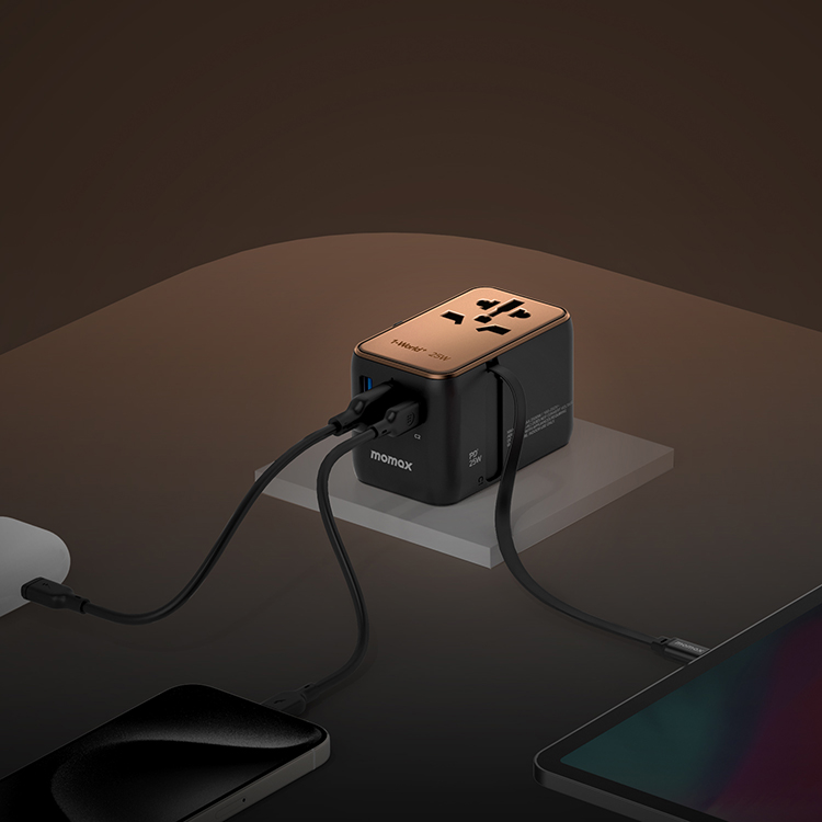 1-World+ 70W GaN 3-Port w /Built-in USB-C Cable + AC Travel Adaptor