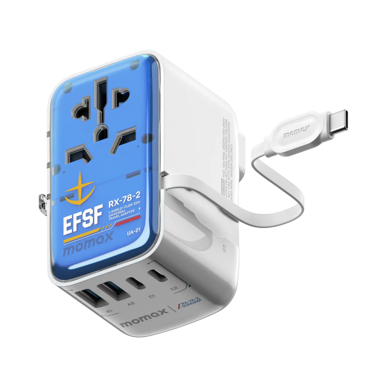 1-World+ Flow 4-Port Travel Charger With Built-In USB-C Cable 35W - Limited Edition