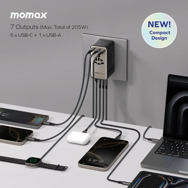 1-World² 205W 7-Port Dual AC Travel Adapter
