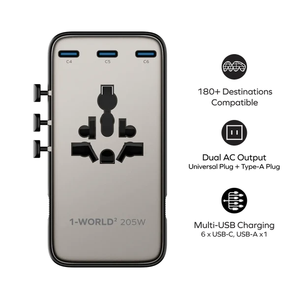 1-World² 205W 7-Port Dual AC Travel Adapter