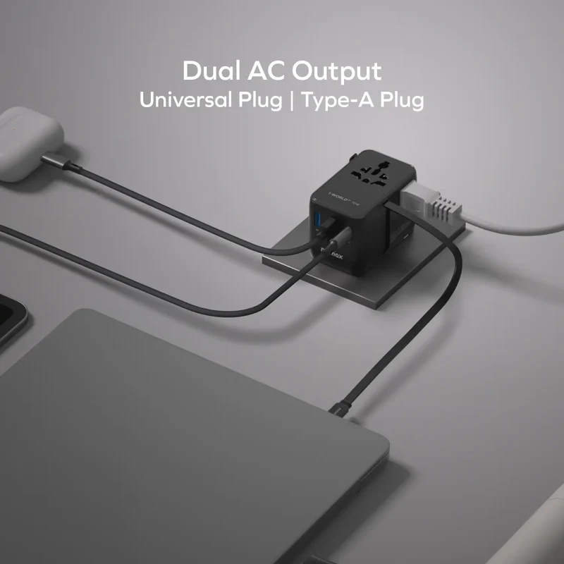 1-World²⁺ 70W 3-Port Dual AC Travel Adapter with Built-In Retractable Cable