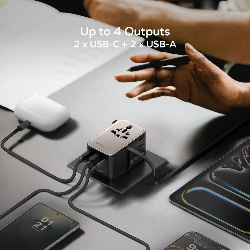 1-World²⁺ 70W 3-Port Dual AC Travel Adapter with Built-In Retractable Cable