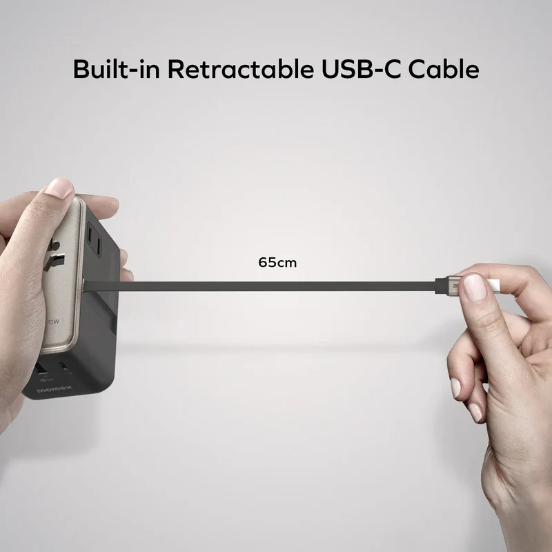 1-World²⁺ 70W 3-Port Dual AC Travel Adapter with Built-In Retractable Cable