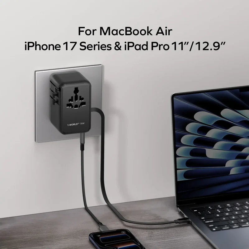 1-World²⁺ 70W 3-Port Dual AC Travel Adapter with Built-In Retractable Cable