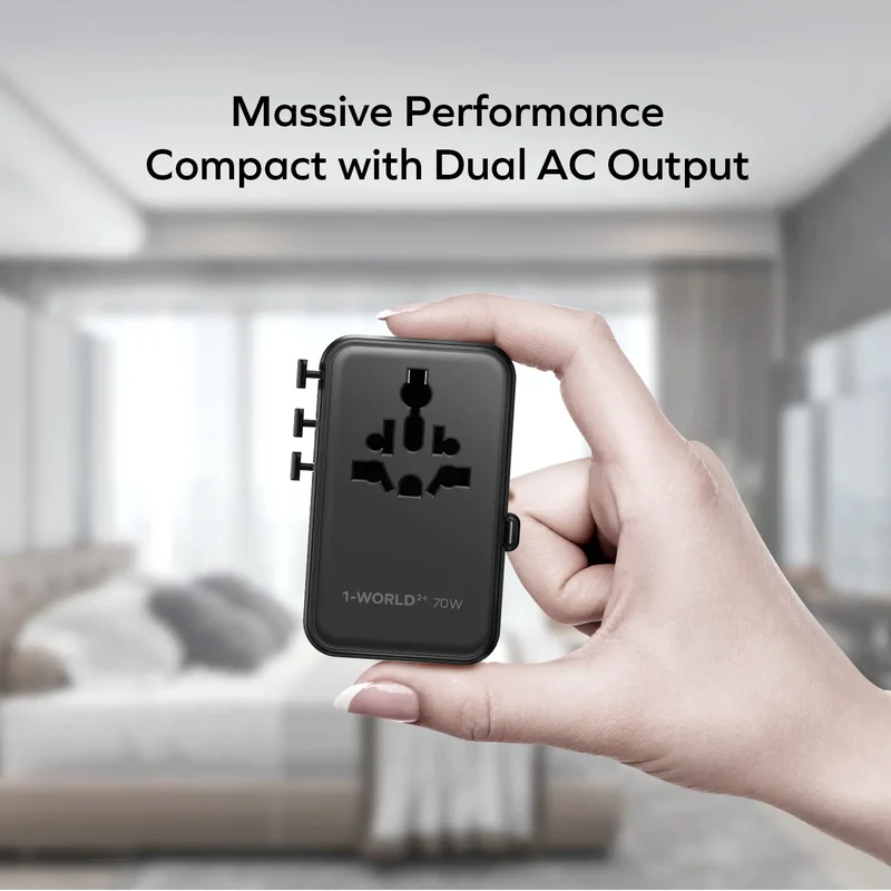 1-World²⁺ 70W 3-Port Dual AC Travel Adapter with Built-In Retractable Cable