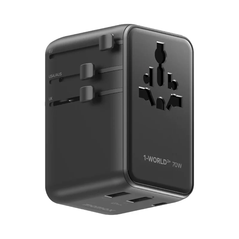 1-World²⁺ 70W 3-Port Dual AC Travel Adapter with Built-In Retractable Cable
