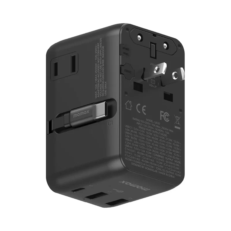 1-World²⁺ 70W 3-Port Dual AC Travel Adapter with Built-In Retractable Cable