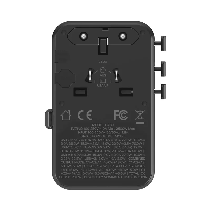 1-World²⁺ 70W 3-Port Dual AC Travel Adapter with Built-In Retractable Cable