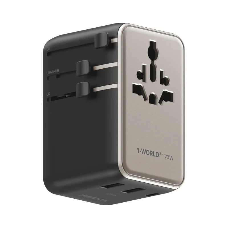 1-World²⁺ 70W 3-Port Dual AC Travel Adapter with Built-In Retractable Cable