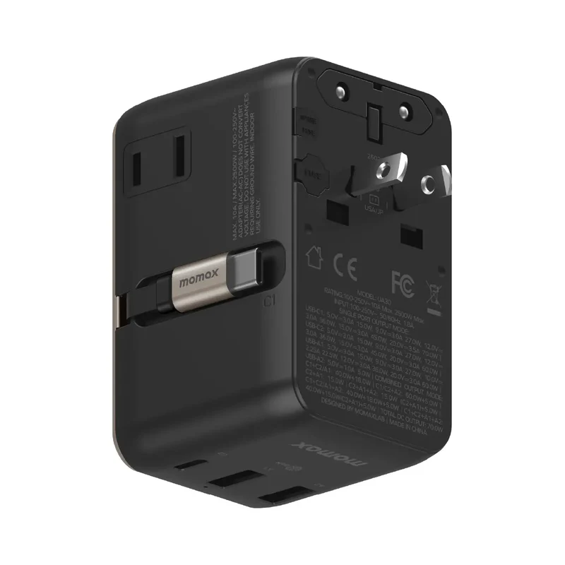 1-World²⁺ 70W 3-Port Dual AC Travel Adapter with Built-In Retractable Cable