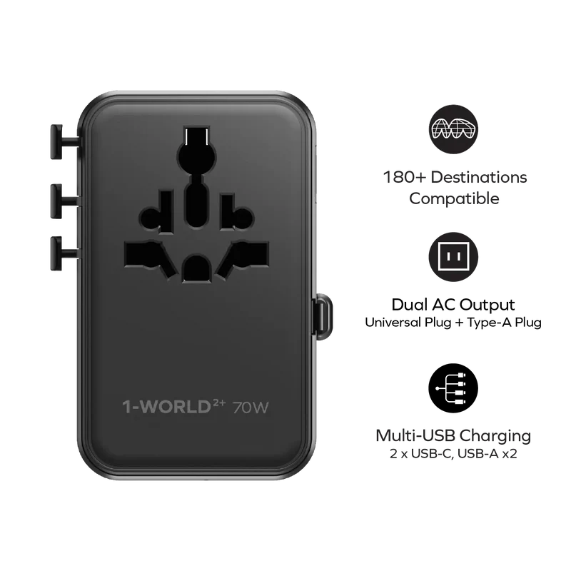 1-World²⁺ 70W 3-Port Dual AC Travel Adapter with Built-In Retractable Cable