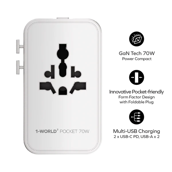1-World² Pocket 70W 4-Port Dual AC Travel Adapter