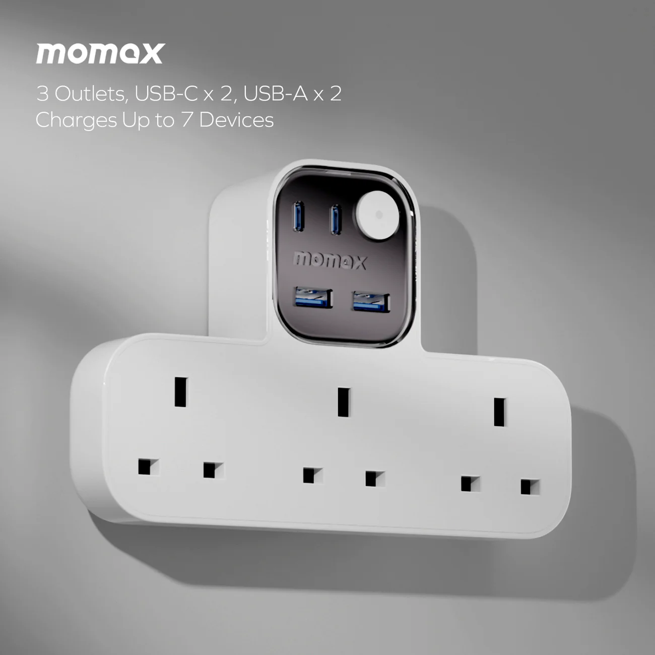 1-Charge Work Flow T-Shaped Extension Cord With 3 Sockets, 2 USB-A and 2 USB-C Ports
