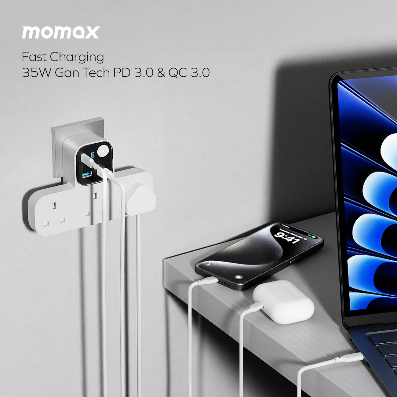 1-Charge Work Flow T-Shaped Extension Cord With 3 Sockets, 2 USB-A and 2 USB-C Ports