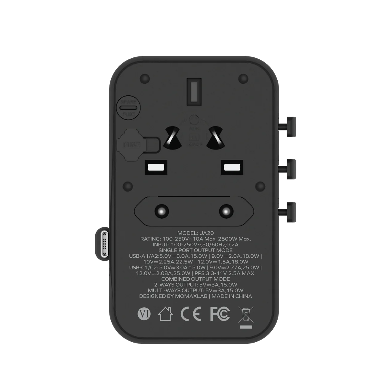 1-World+ 3-Port Travel Charger Built-In USB-C Cable 25W