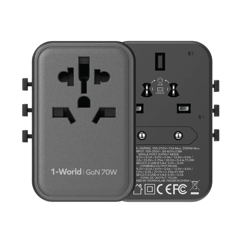 1-World  PD70W GaN AC Travel Adaptor