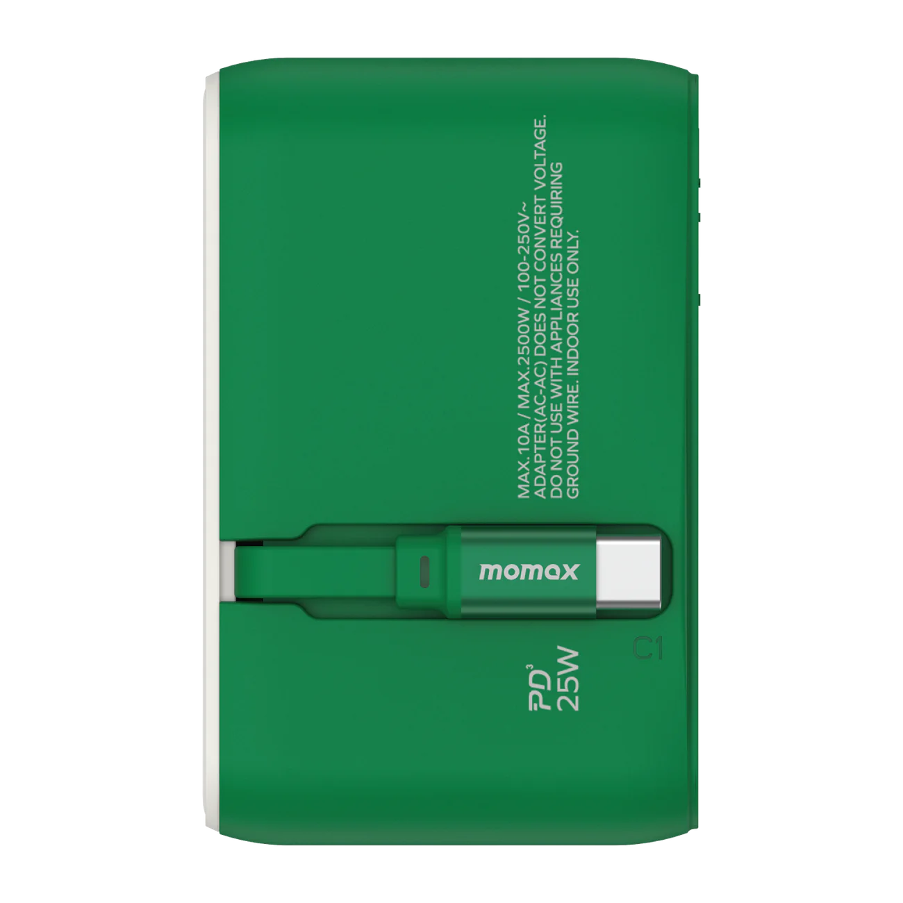 1-World+ 3-Port Travel Charger Built-In USB-C Cable 25W