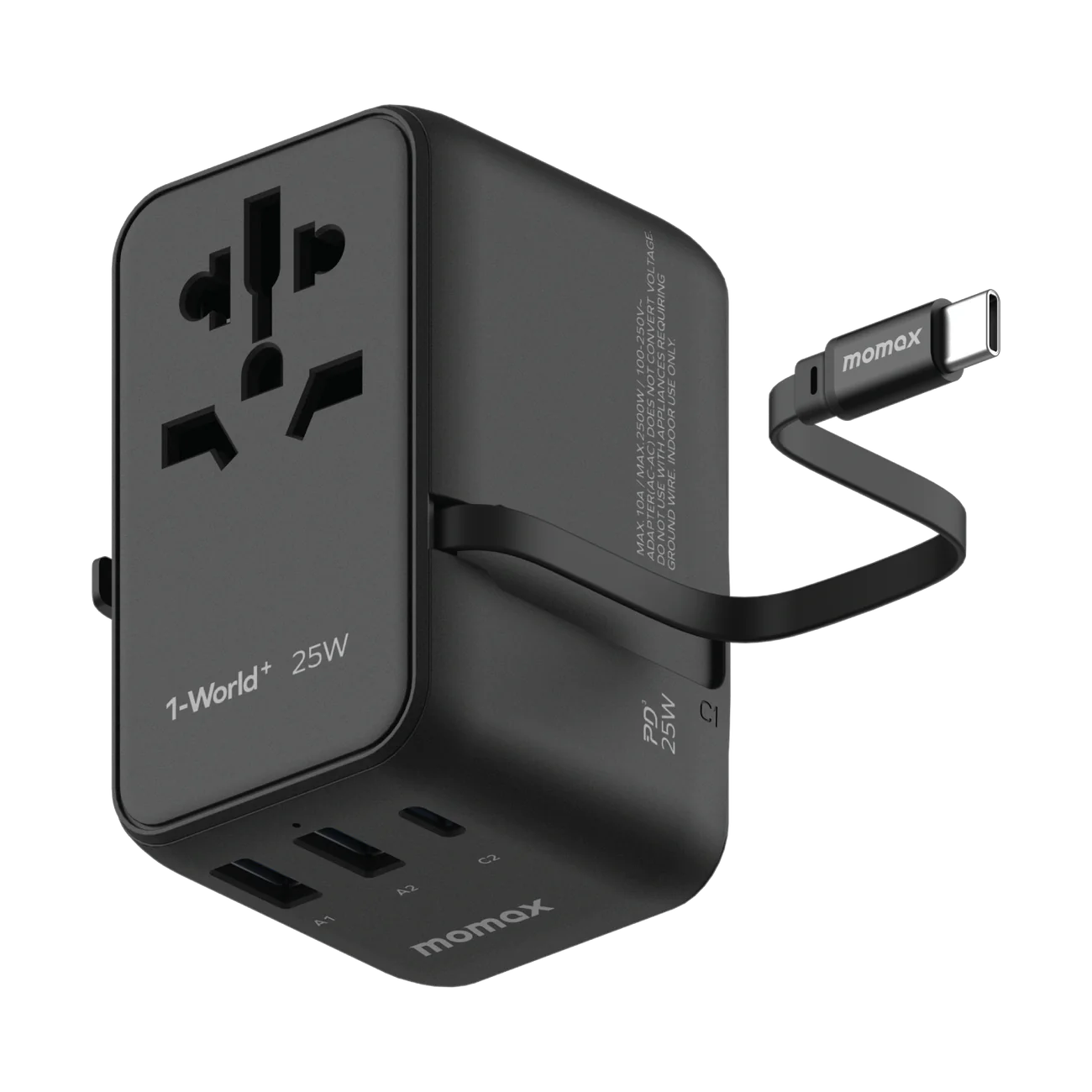 1-World+ 3-Port Travel Charger Built-In USB-C Cable 25W