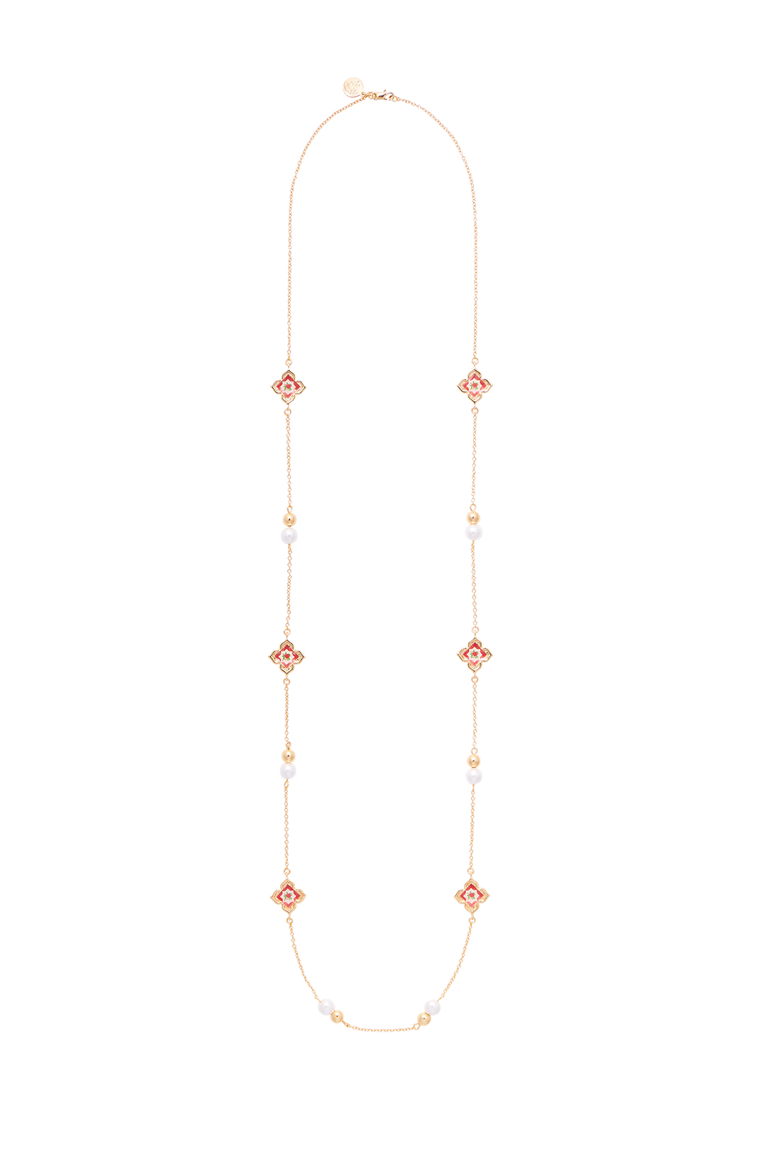 Peranakan Floral Pearl Long Necklace - Rosy Pink
