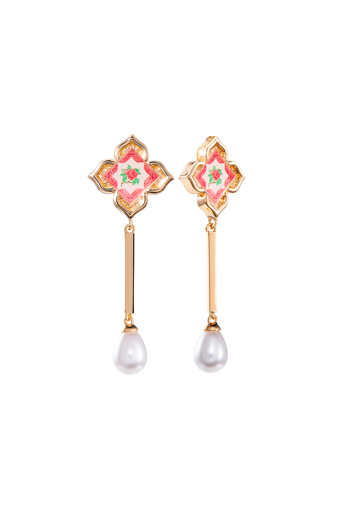 Peranakan Floral Pearl Dangling Earrings - Rosy Pink