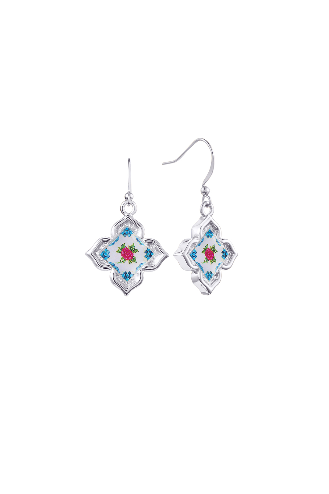 Peranakan Floral Hook Earrings- Silver Flora Rose