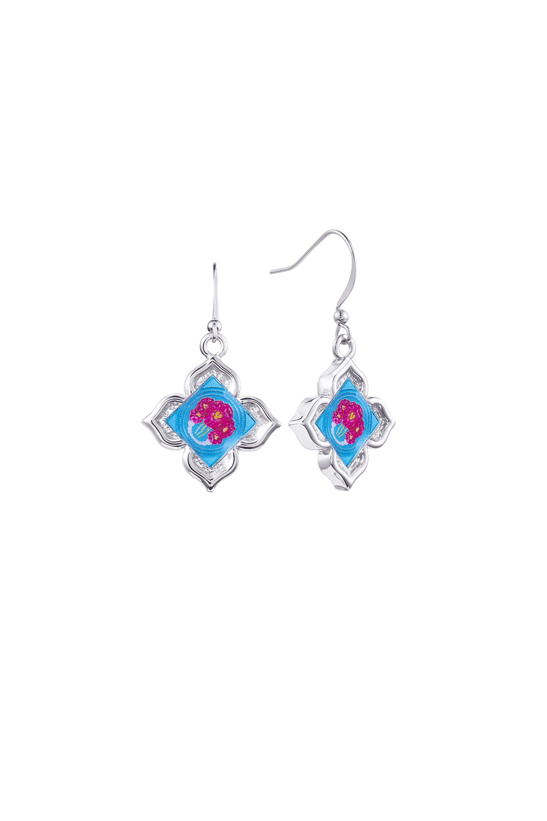 Peranakan Floral Hook Earrings- Silver Nyra Bloom