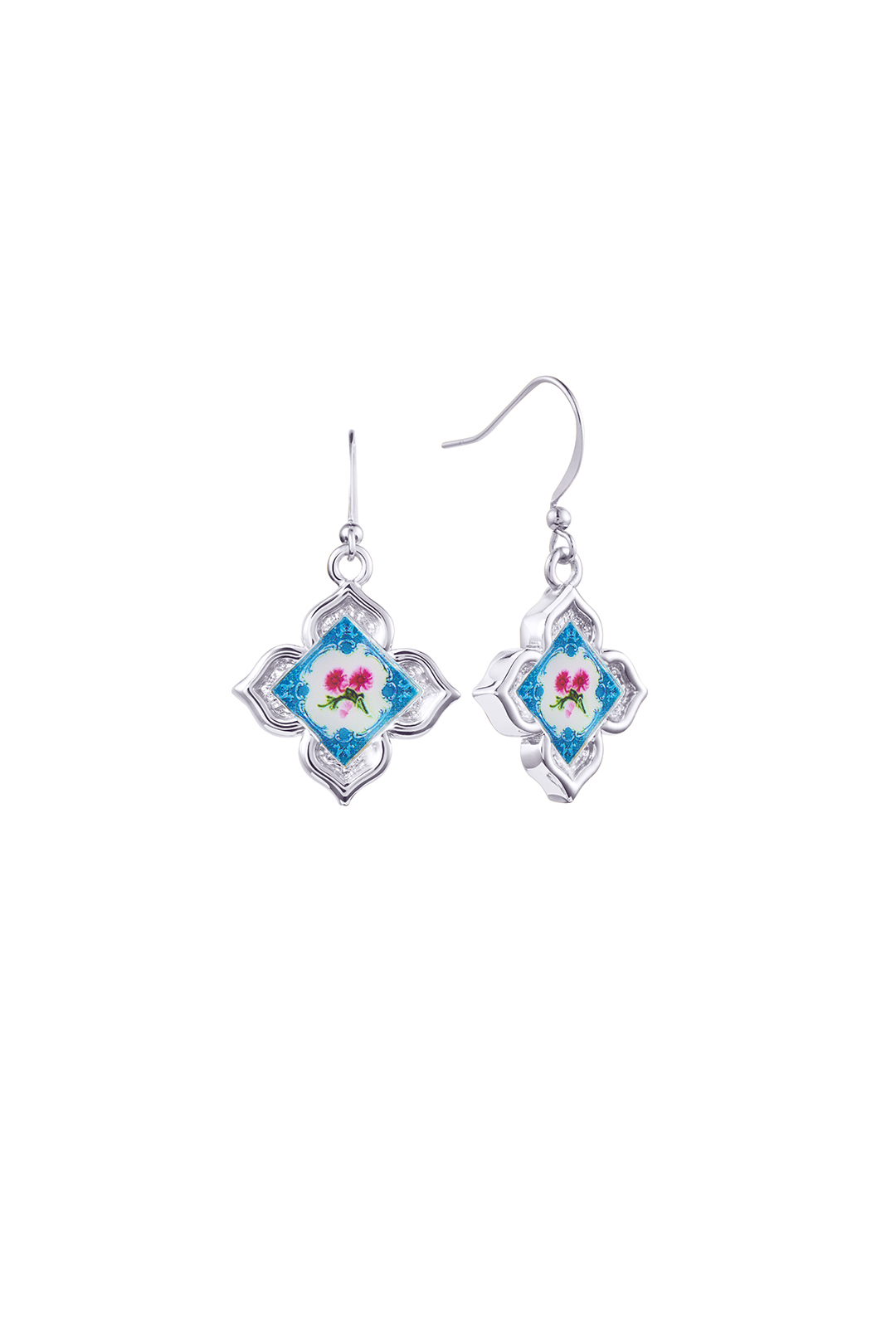 Peranakan Floral Hook Earrings-Silver Pixie Pomp