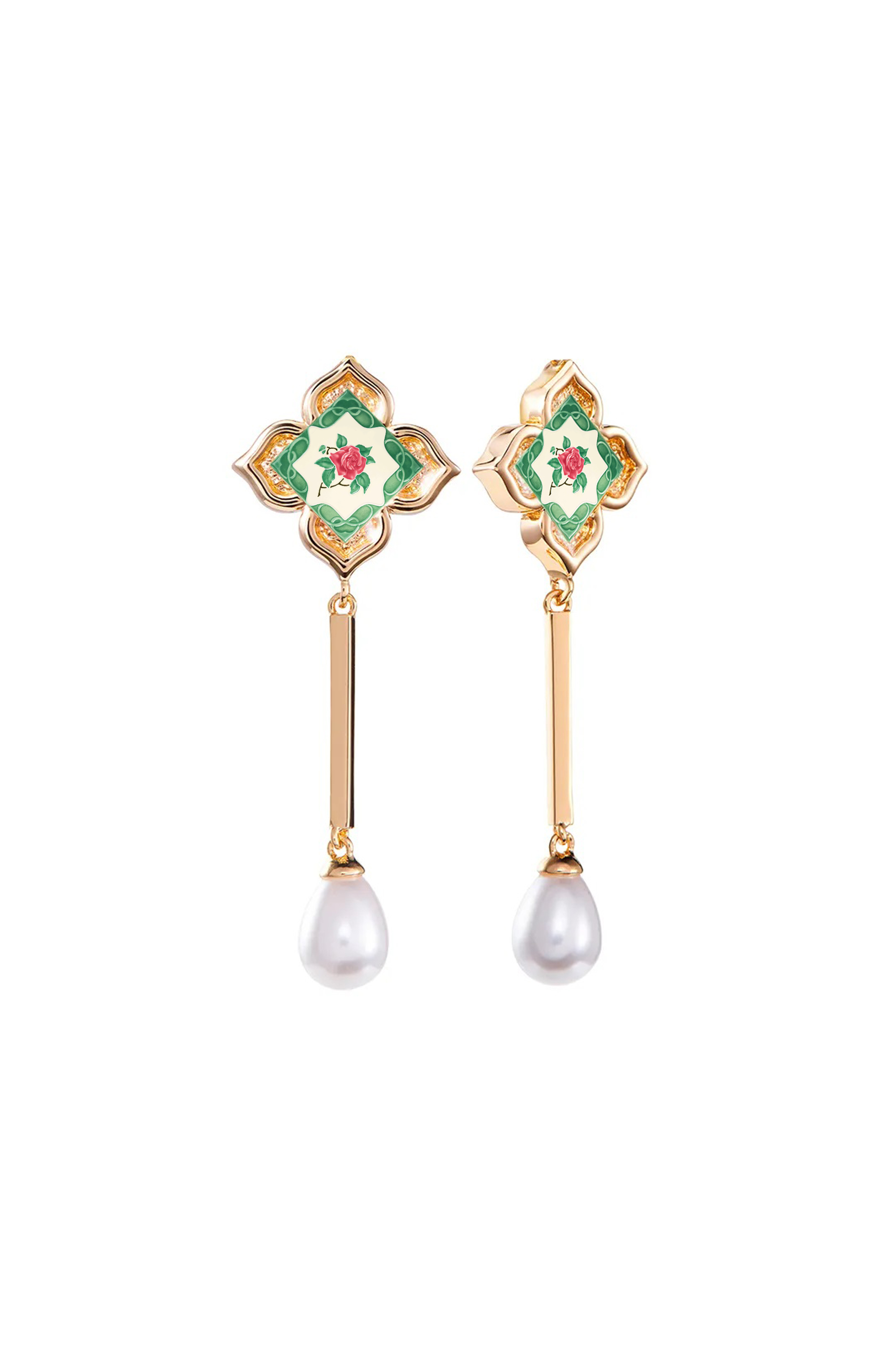 Peranakan Floral Pearl Dangle Earrings - Emerald 