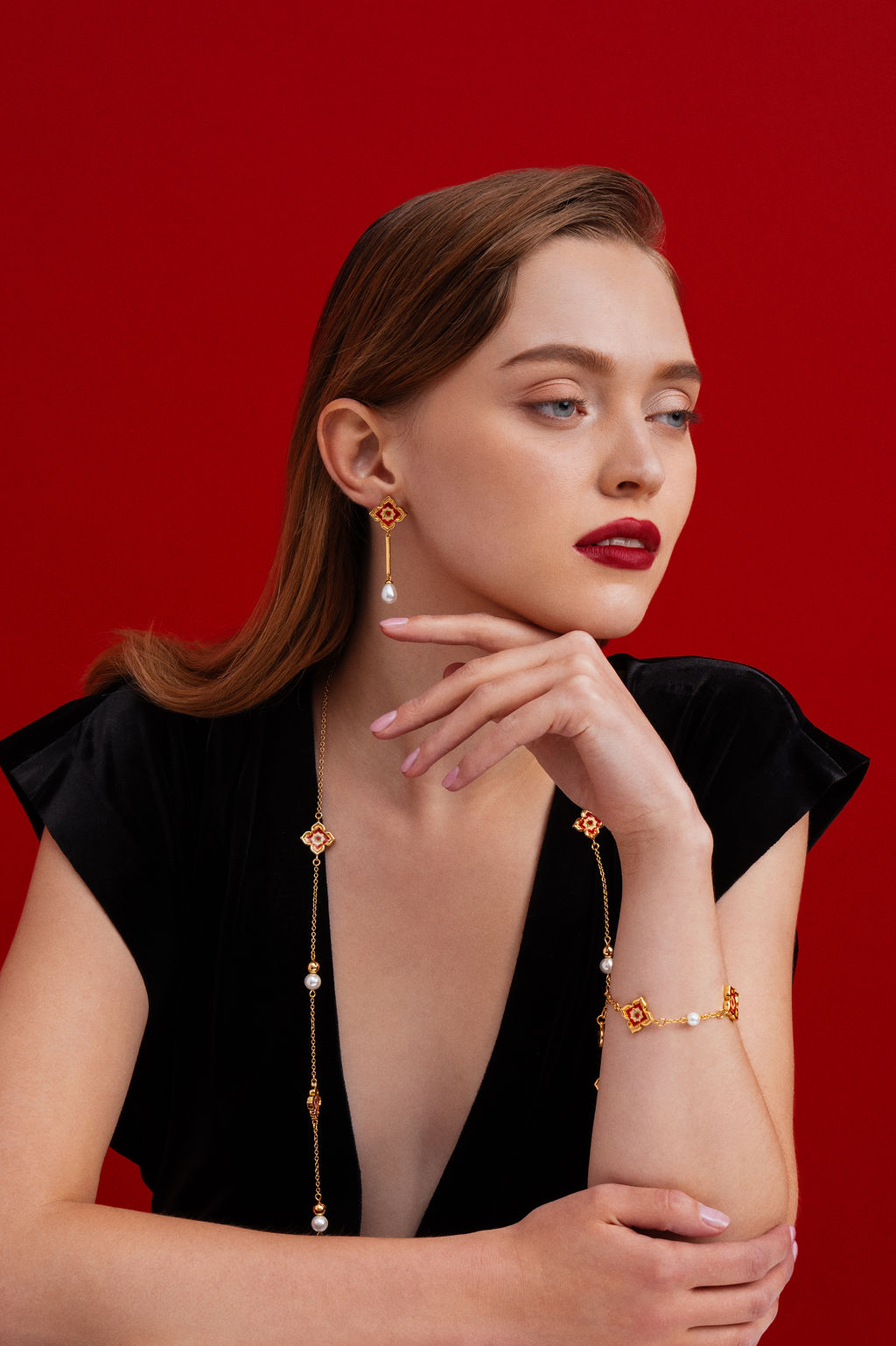 Peranakan Floral Pearl Dangling Earrings - Rosy Pink