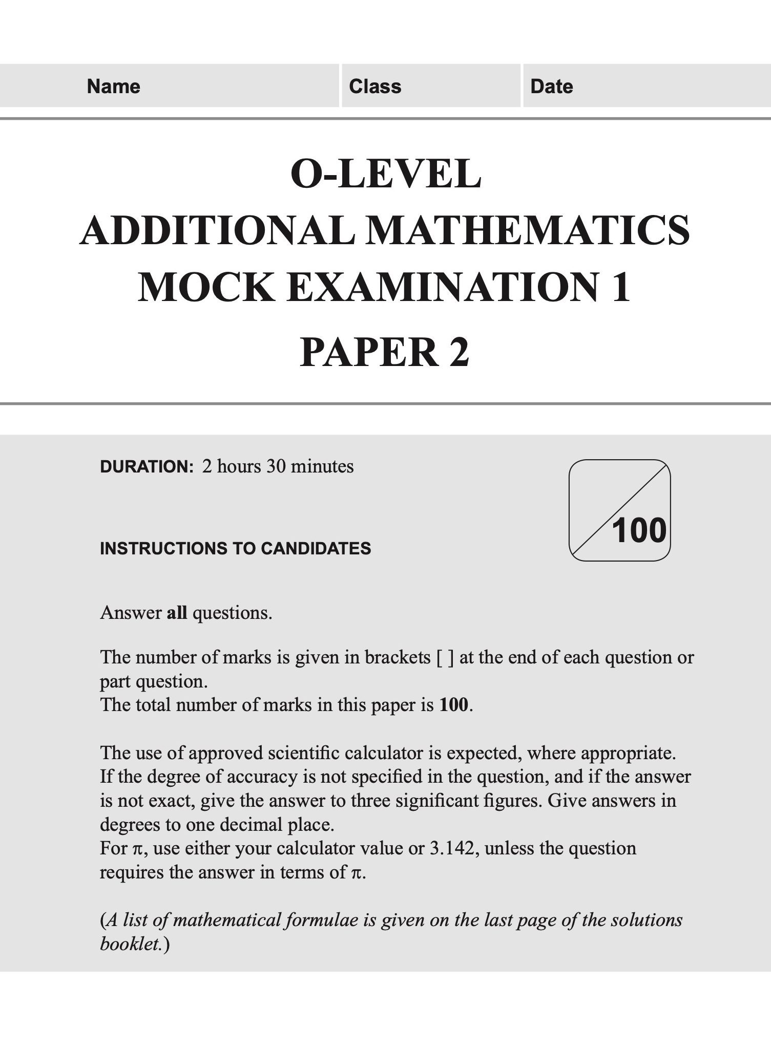 O-LEVEL ADDITIONAL MATHEMATICS Mock EXAMINATIONS