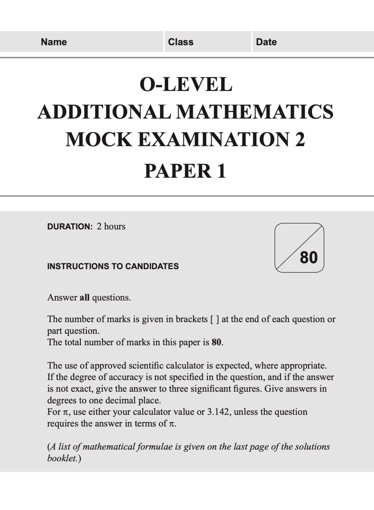 O-LEVEL ADDITIONAL MATHEMATICS Mock EXAMINATIONS