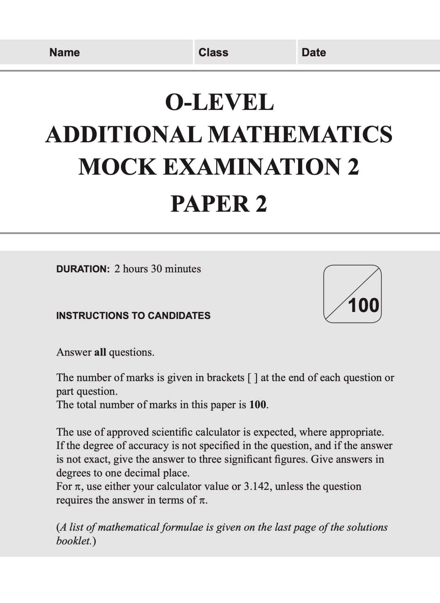O-LEVEL ADDITIONAL MATHEMATICS Mock EXAMINATIONS