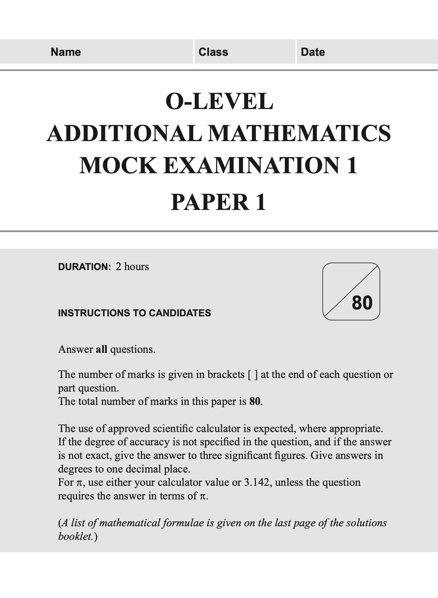 O-LEVEL ADDITIONAL MATHEMATICS Mock EXAMINATIONS