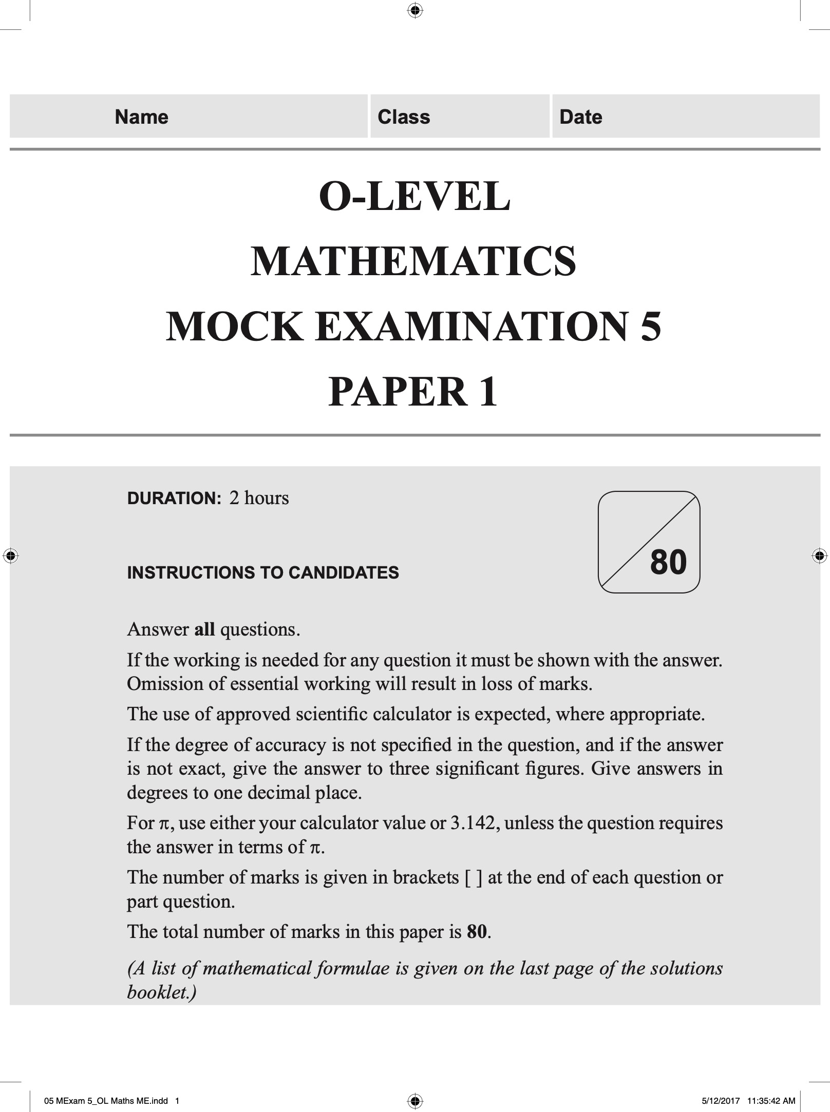 O-LEVEL MATHEMATICS Mock EXAMINATIONS