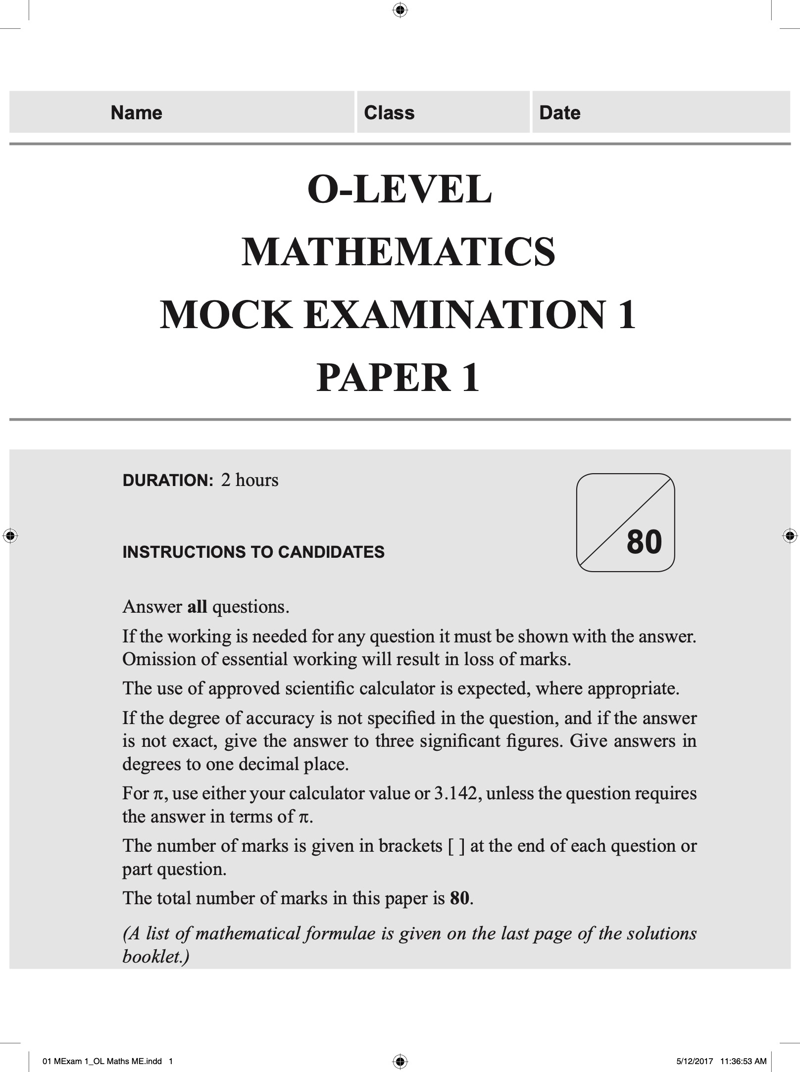 O-LEVEL MATHEMATICS Mock EXAMINATIONS