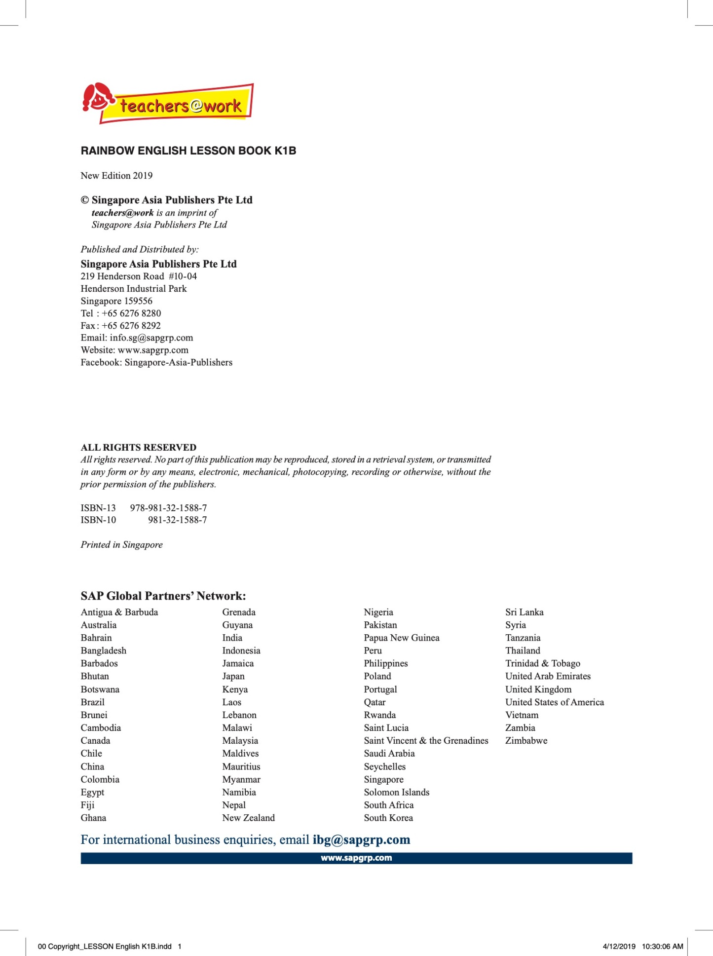 Rainbow English Lesson Book Kindergarten 1B