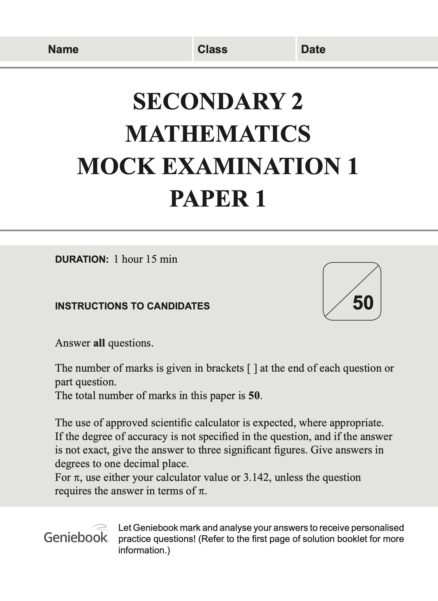 Secondary 2 MATHEMATICS Mock EXAMINATIONS
