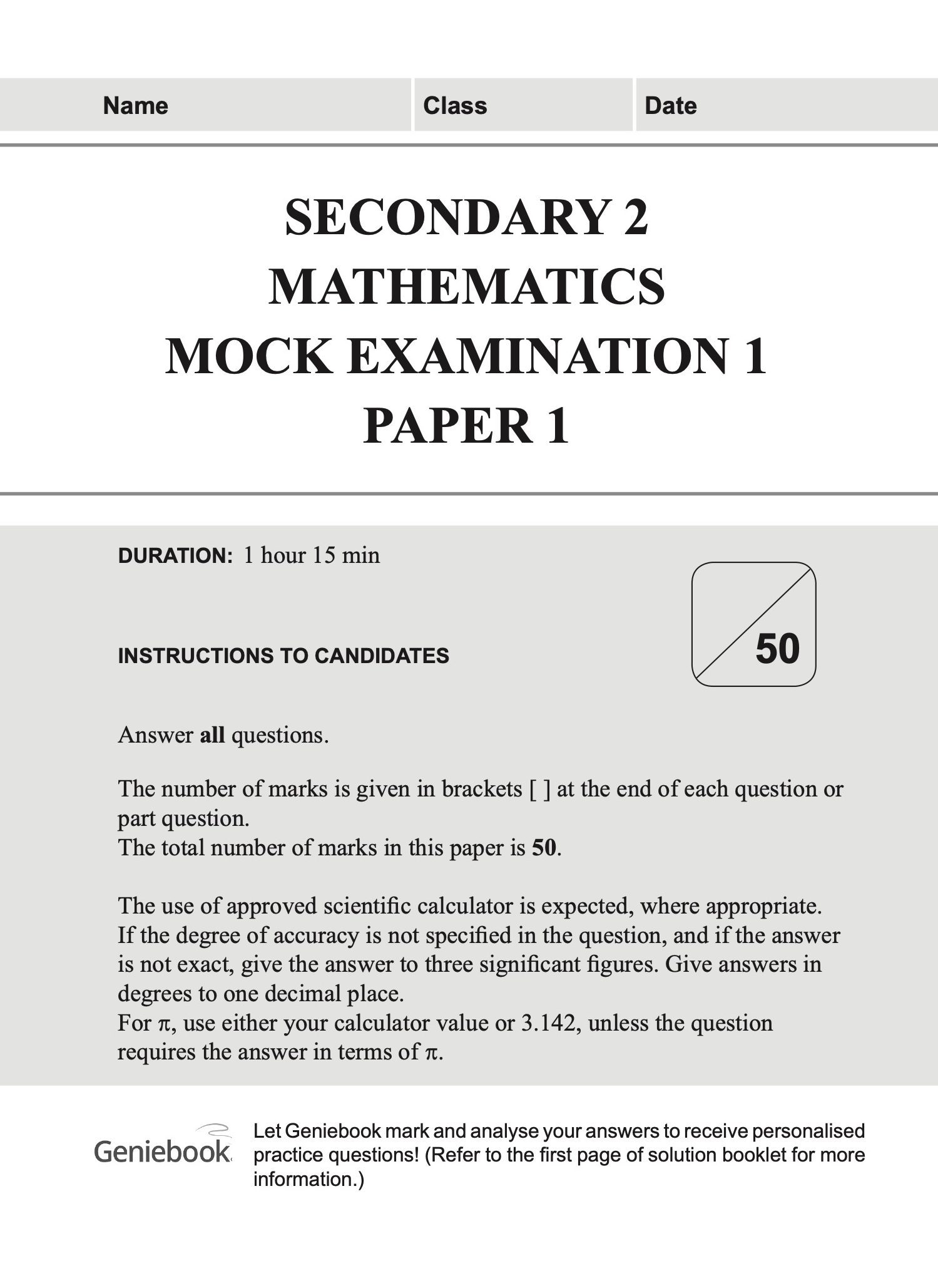 Secondary 2 MATHEMATICS Mock EXAMINATIONS