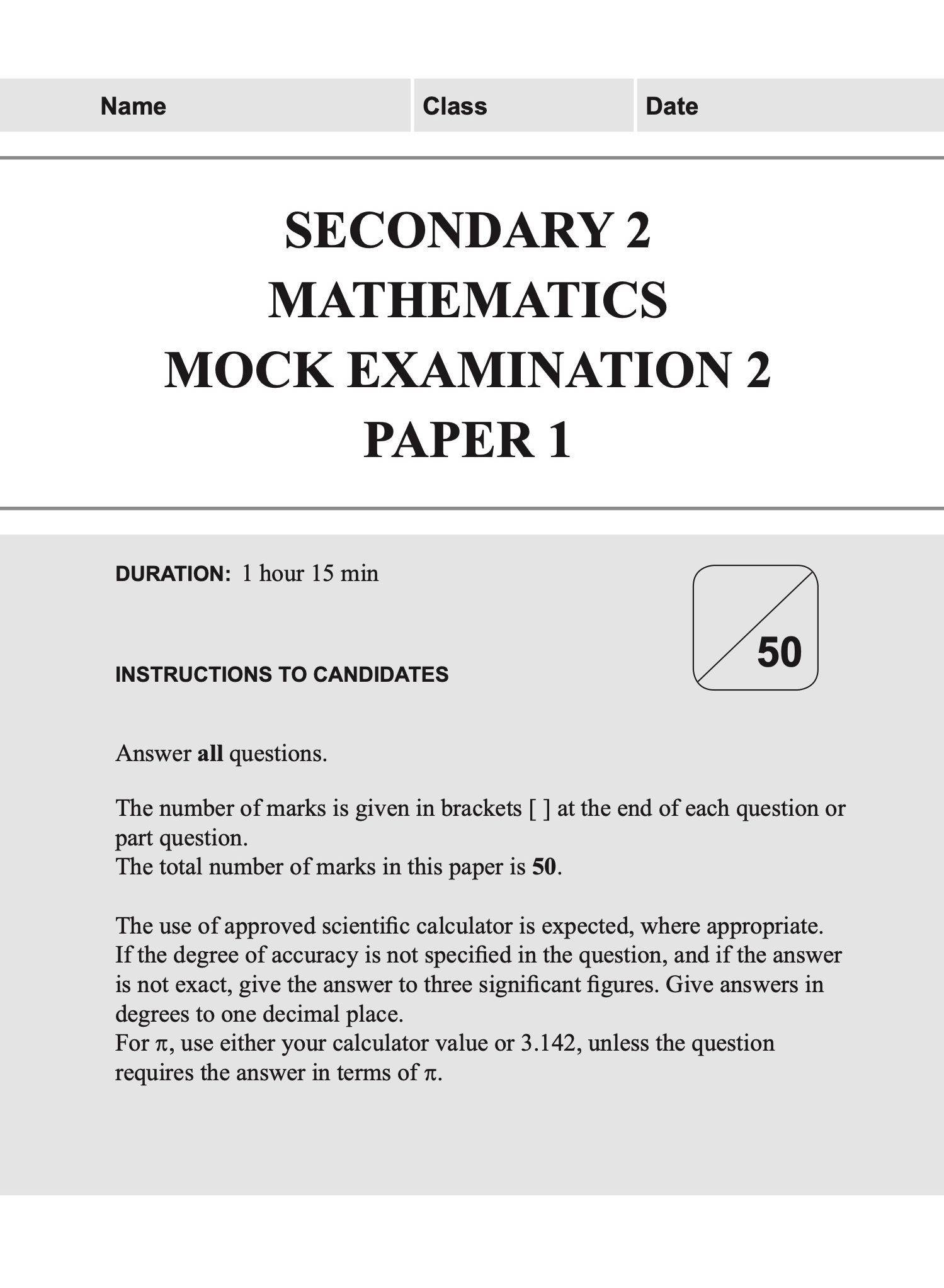 Secondary 2 MATHEMATICS Mock EXAMINATIONS