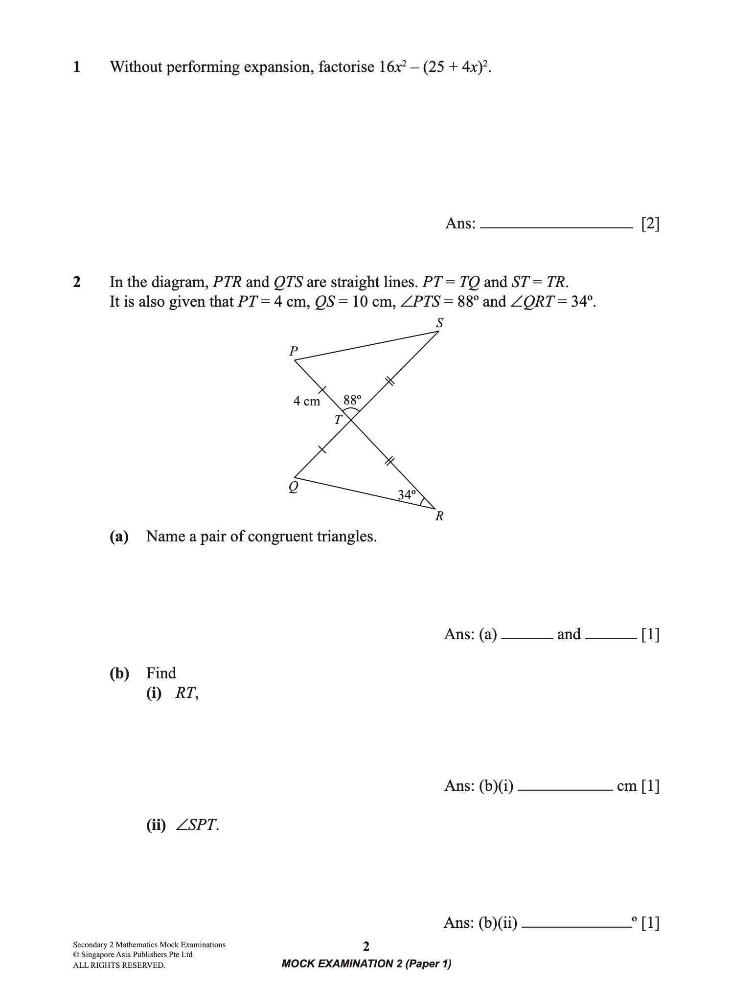 Secondary 2 MATHEMATICS Mock EXAMINATIONS