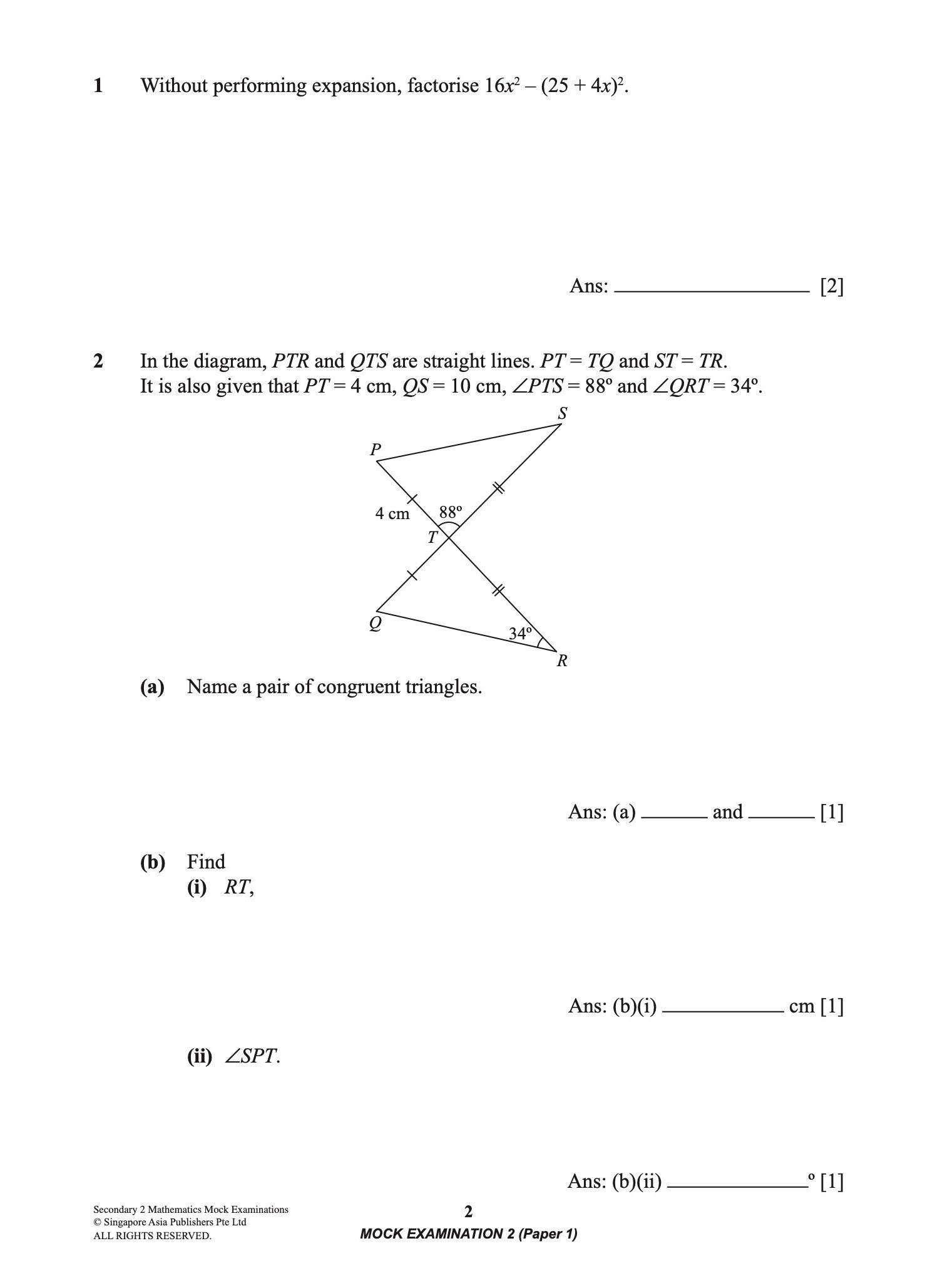 Secondary 2 MATHEMATICS Mock EXAMINATIONS