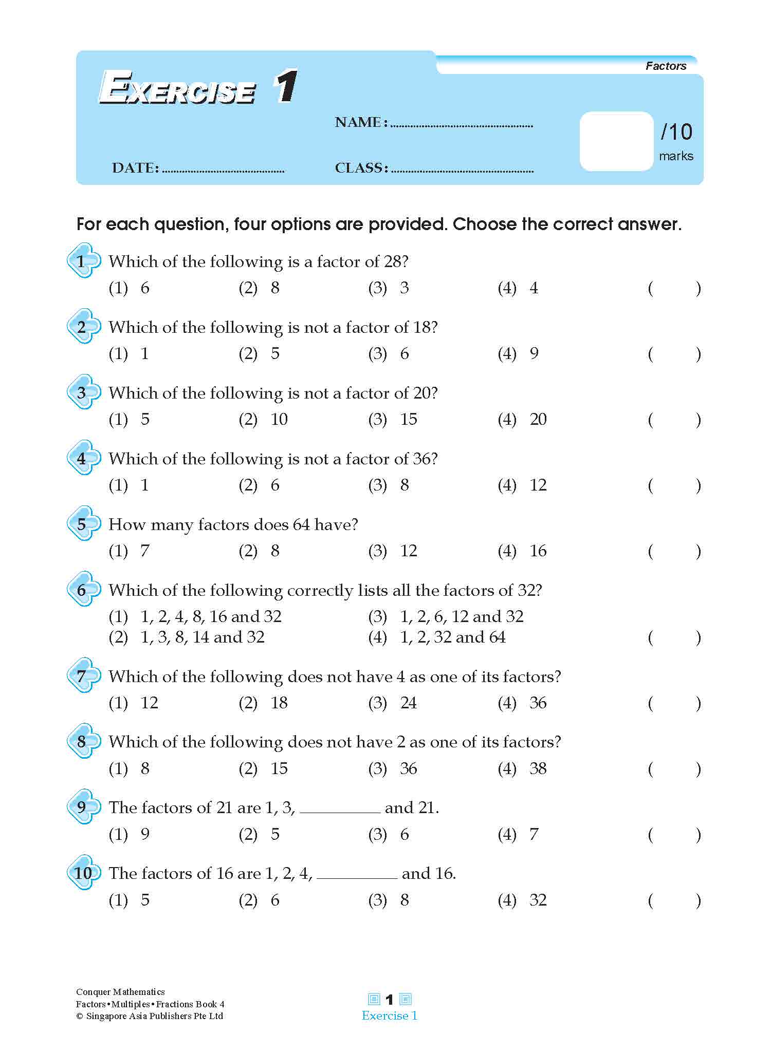 Conquer Mathematics Factors . Multiples . Fractions Workbook 4